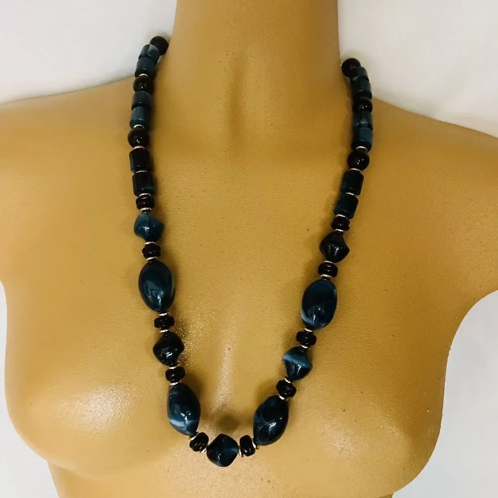 Vintage Lucite Necklace Black Blue  Marbled Chunky Beads Gold Swirl BEAUTIFUL